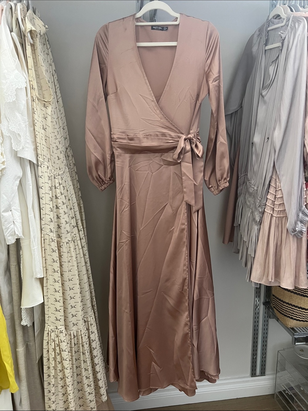 Nasty Gal Satin Wrap Maxi Dress in Dusty Rose
